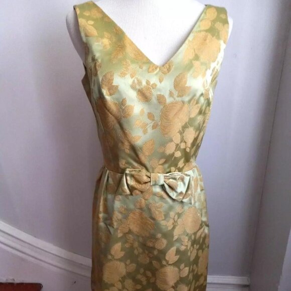 VINTAGE 1960'S GREEN GOLD BROCADE DRESS JACKET SET - Picture 2 of 15